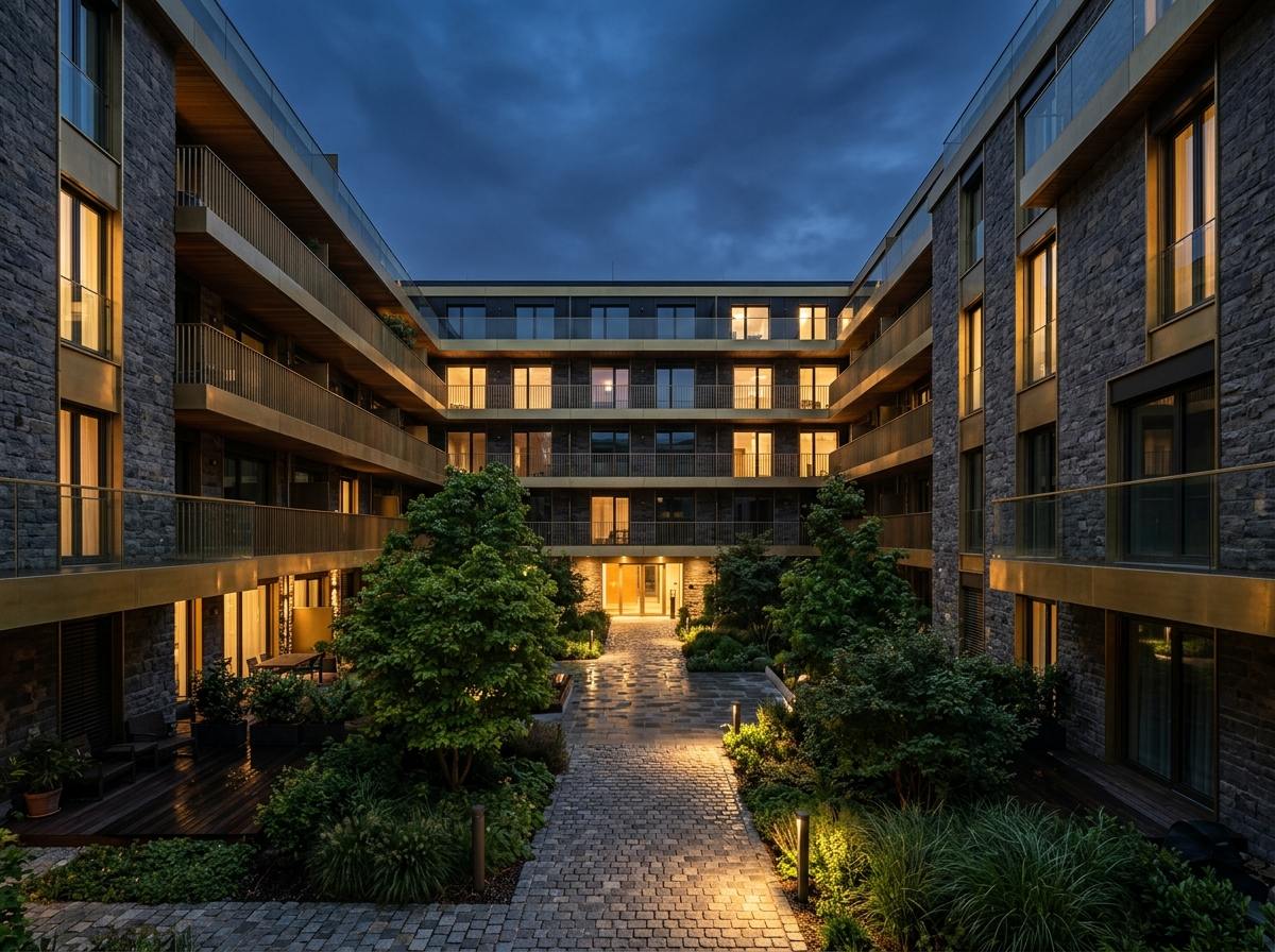 Residential courtyard building at evening