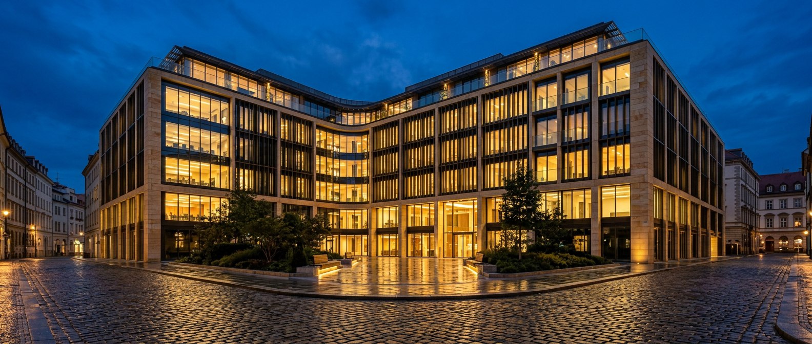 Completed prime building on a European square at dusk