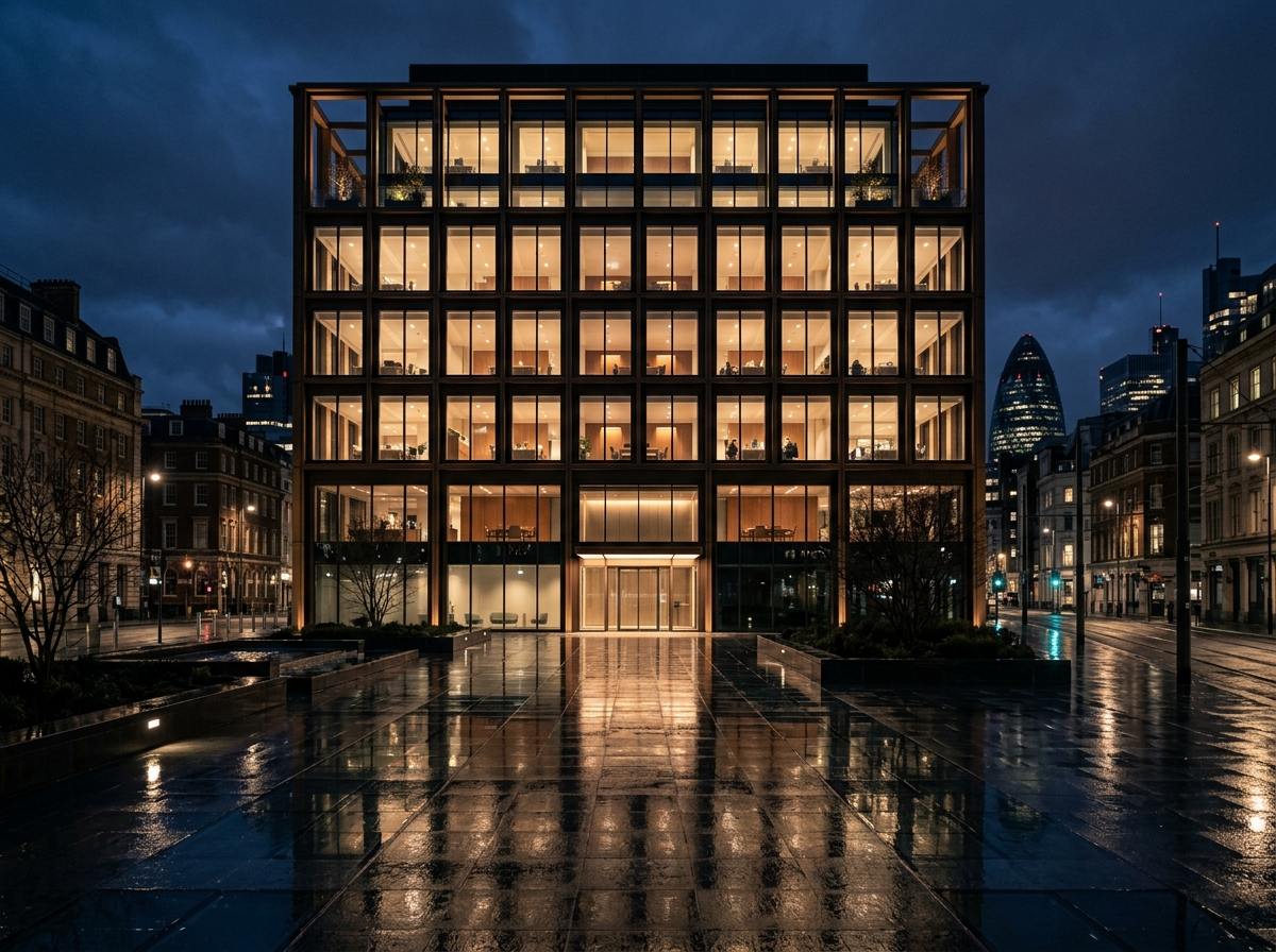 Completed office building in a European city at night
